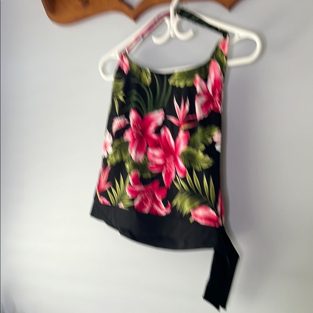 Caribbean Joe Black and Pink Floral Asymmetrical Side Tie Tankini